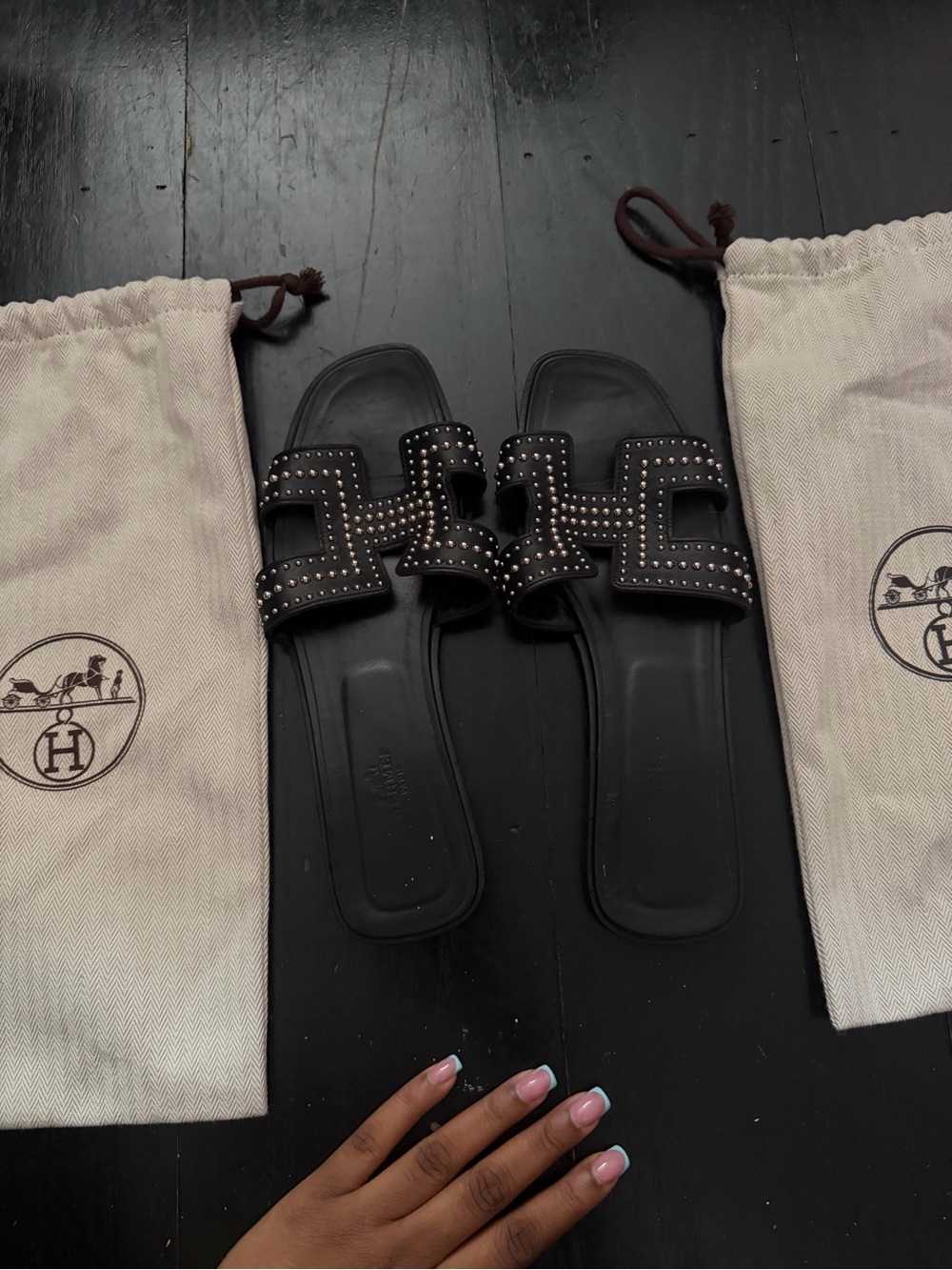 Hermes Black Studded Oran Slide Sandals